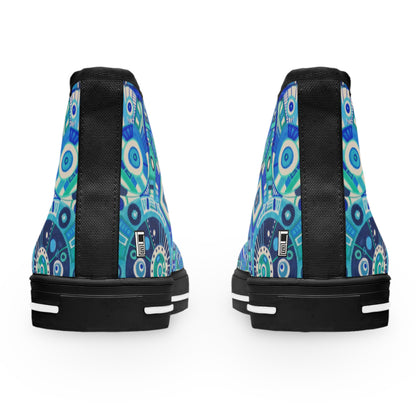 Women's High Top Sneakers - No. 262 - Blue Geometric - By Irish Artist Fiona de Lacy