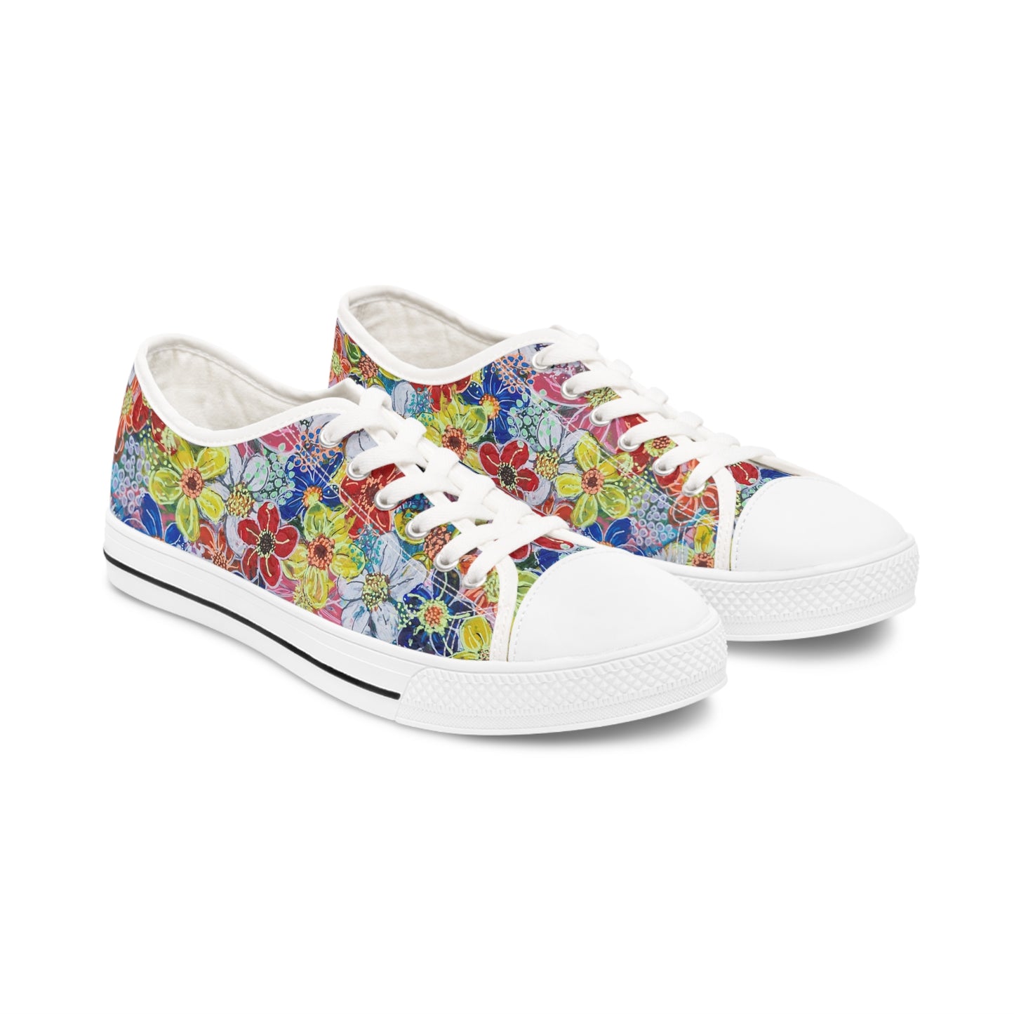 Women's Low Top Sneakers, black sole  - No. 241 - Flowers on Pink - By Irish Artist Fiona de Lacy