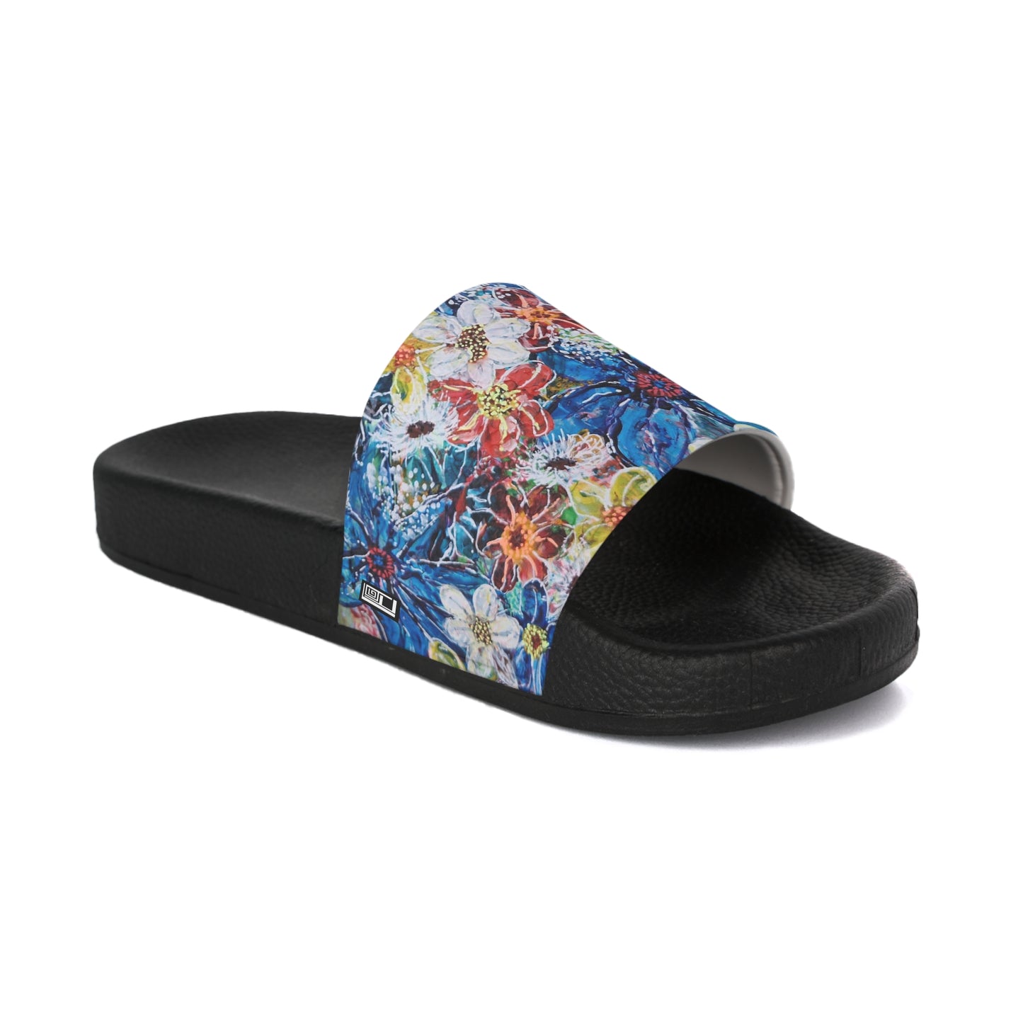 Women's Slide Sandals - No. 242 - Large Blue Flowers - By Irish Artist Fiona de Lacy