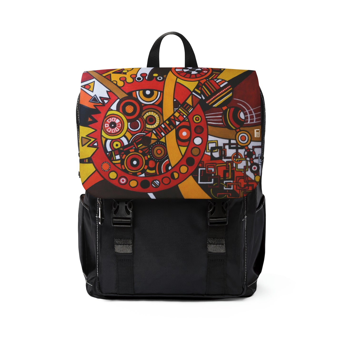 Casual Shoulder Backpack,  No. 222 'Clockworks' -  By Irish Artist Fiona de Lacy - Brown, Orange, Black, Red, White