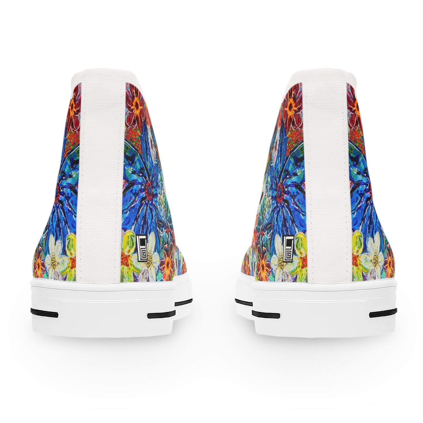 Women's High Top Sneakers, No. 242 Large Blue Flowers, Multicoloured - By Irish Artist Fiona de Lacy