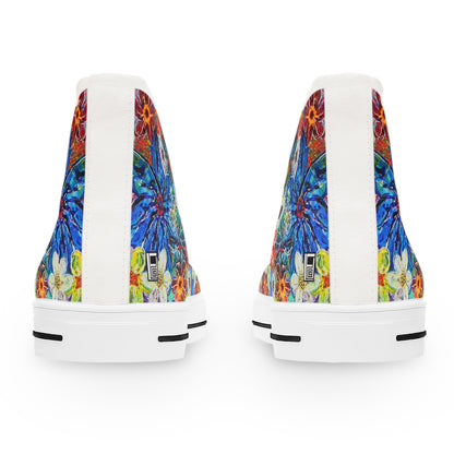 Women's High Top Sneakers, No. 242 Large Blue Flowers, Multicoloured - By Irish Artist Fiona de Lacy