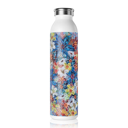 Slim Water Bottle - No. 242 Large Blue Flowers - By Irish Artist Fiona de Lacy