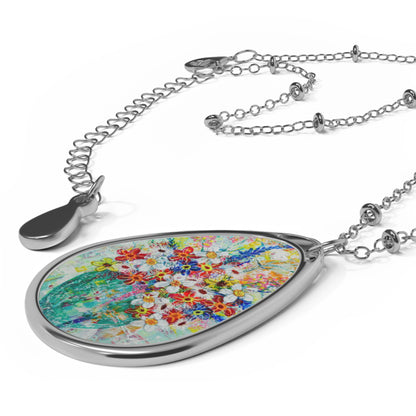 Oval Necklace - No. 249 - Flowers in Turquoise vase - By Irish Artists Fiona de Lacy