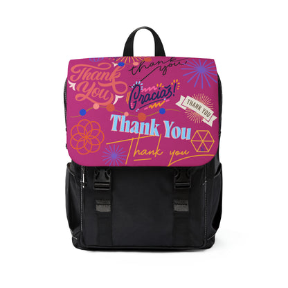 Casual Shoulder Backpack,  No. 312 - 'Thank You' on Pink - By Irish Artist Fiona de Lacy