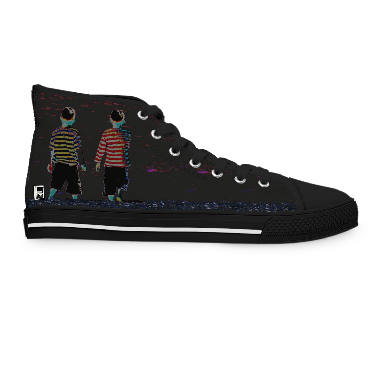 Women's High Top Sneakers - No. 206 - Black 'Two Little Boys' - By Irish Artist Fiona de Lacy