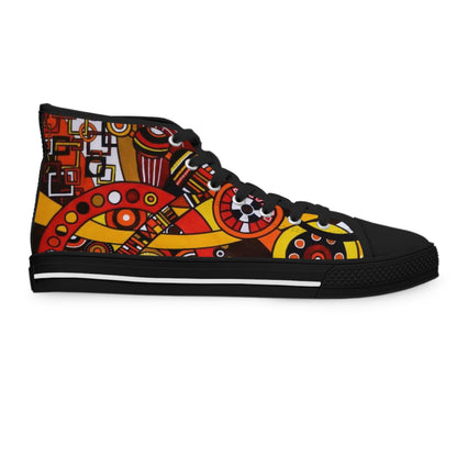 Women's High Top Sneakers - No. 222 - 'Clockworks' - By Irish Artist Fiona de Lacy - Orange, Red, Black,Yellow