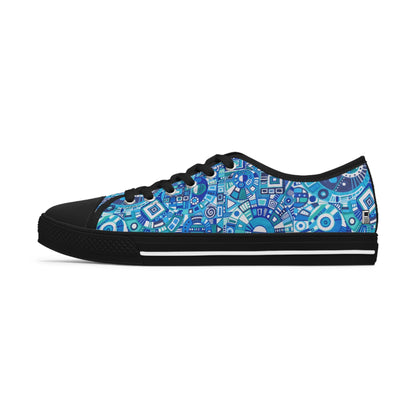 Women's Low Top Sneakers,  Black Soles - No. 262 - Geometric Blue & White - By Irish Artist Fiona de Lacy