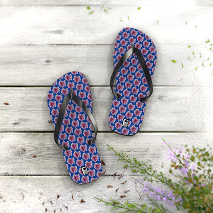 Flip Flops - No. 269 - Purple Pink Flower on Blue - By Irish Artist Fiona de Lacy