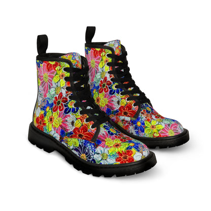 Women's Canvas Boots - No. 241  - Flowers on pink