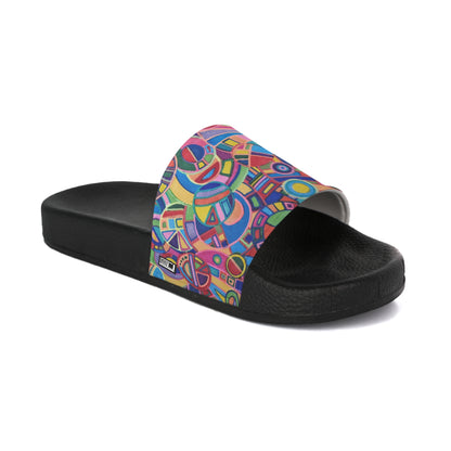 Women's Slide Sandals - No. 265 - Geometric Multicoloured Abstract - By Irish Artist Fiona de Lacy