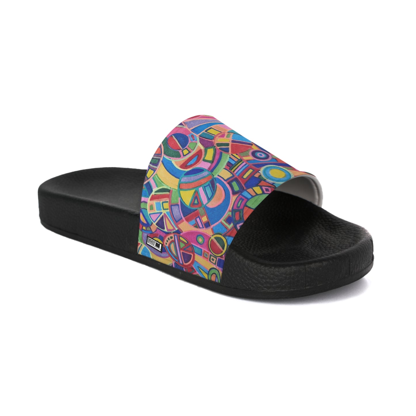 Women's Slide Sandals - No. 265 - Geometric Multicoloured Abstract - By Irish Artist Fiona de Lacy