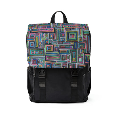 Casual Shoulder Backpack,  No. 253 Rectangles on Black -  By Irish Artist Fiona de Lacy - Multicoloured