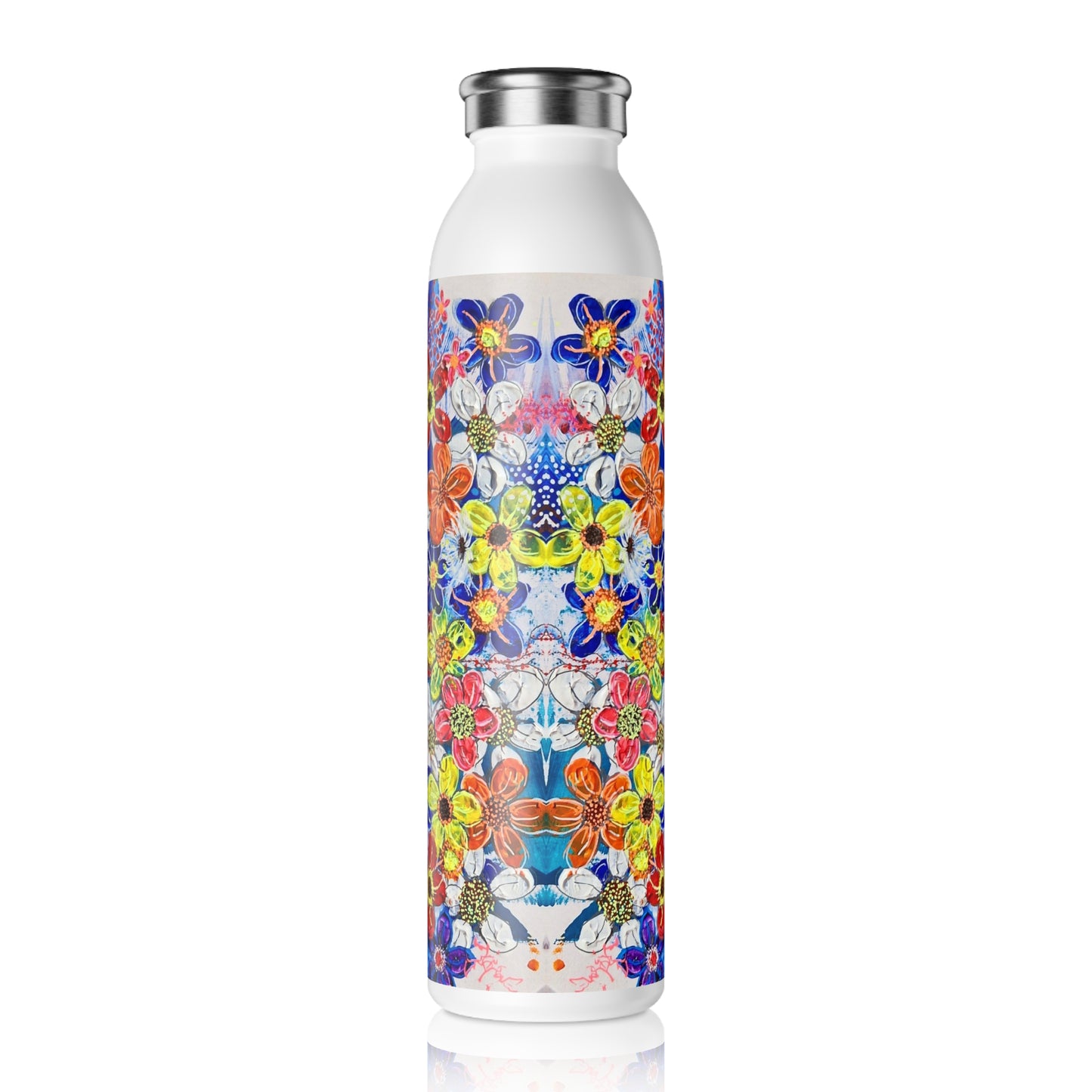 Slim Water Bottle - No. 240 - Multicoloured flowers on Purple - By Irish Artist Fiona de Lacy