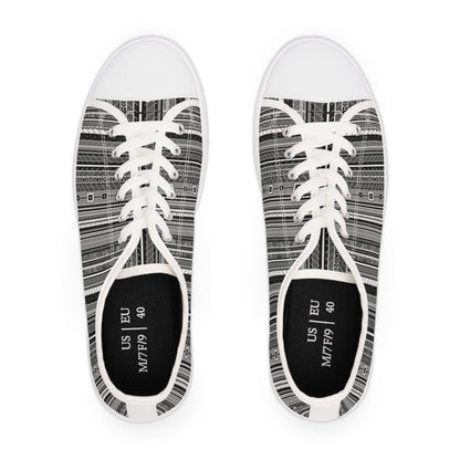 Women's Low Top Sneakers, Black sole - No. 298 - Black, White & Grey Stripes - By Irish Artist Fiona de Lacy