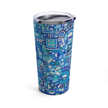 Tumbler 20oz - No.  262 - Geometric Blue & White abstract - By Irish Artist Fiona de Lacy