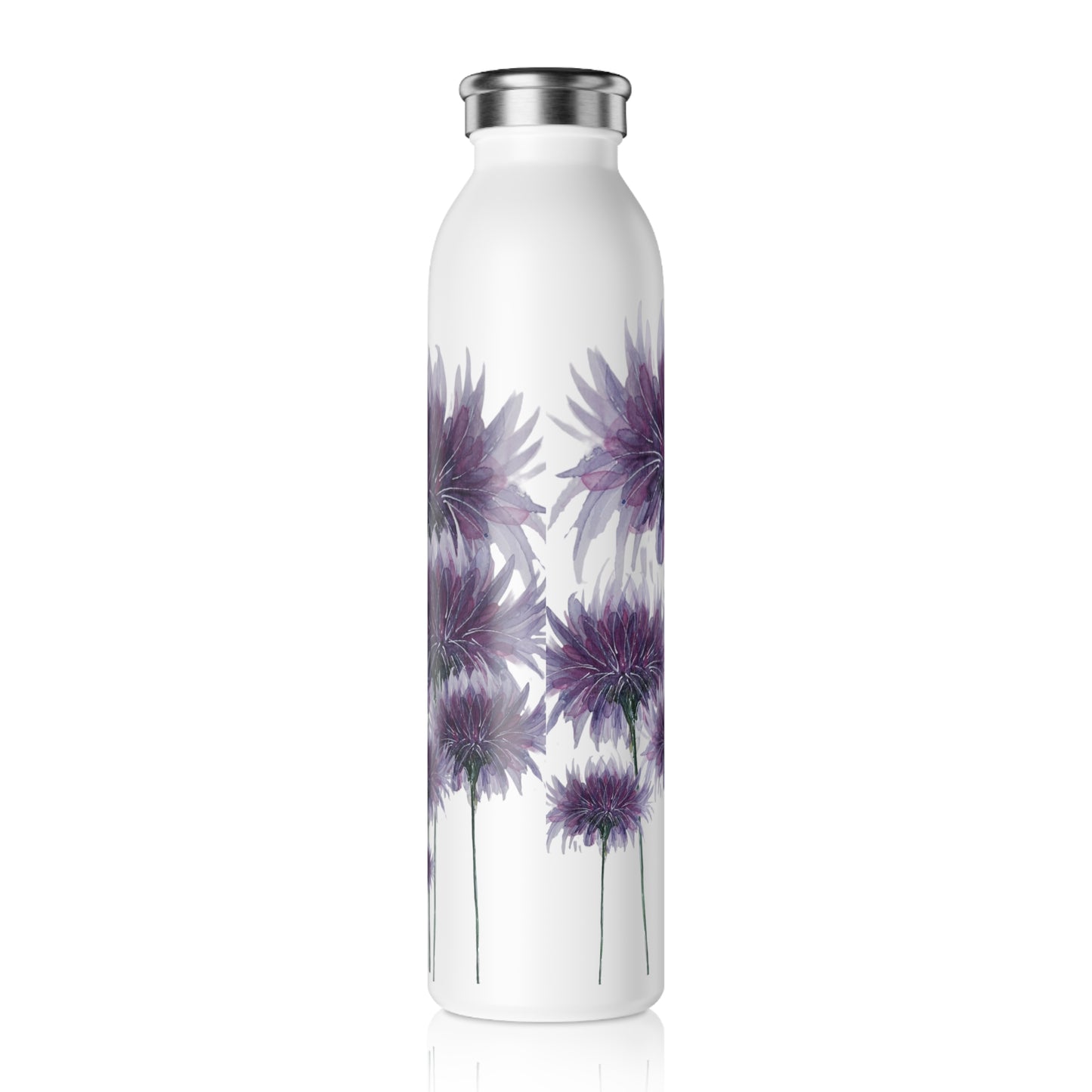 Slim Water Bottle - No. 268 - Large Purple Flower - By Irish Artist Fiona de Lacy