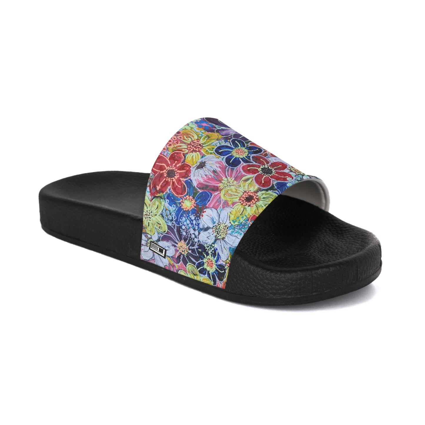 Women's Slide Sandals - No. 241 - Multicoloured Flowers on Pink - By Irish Artist Fiona de Lacy