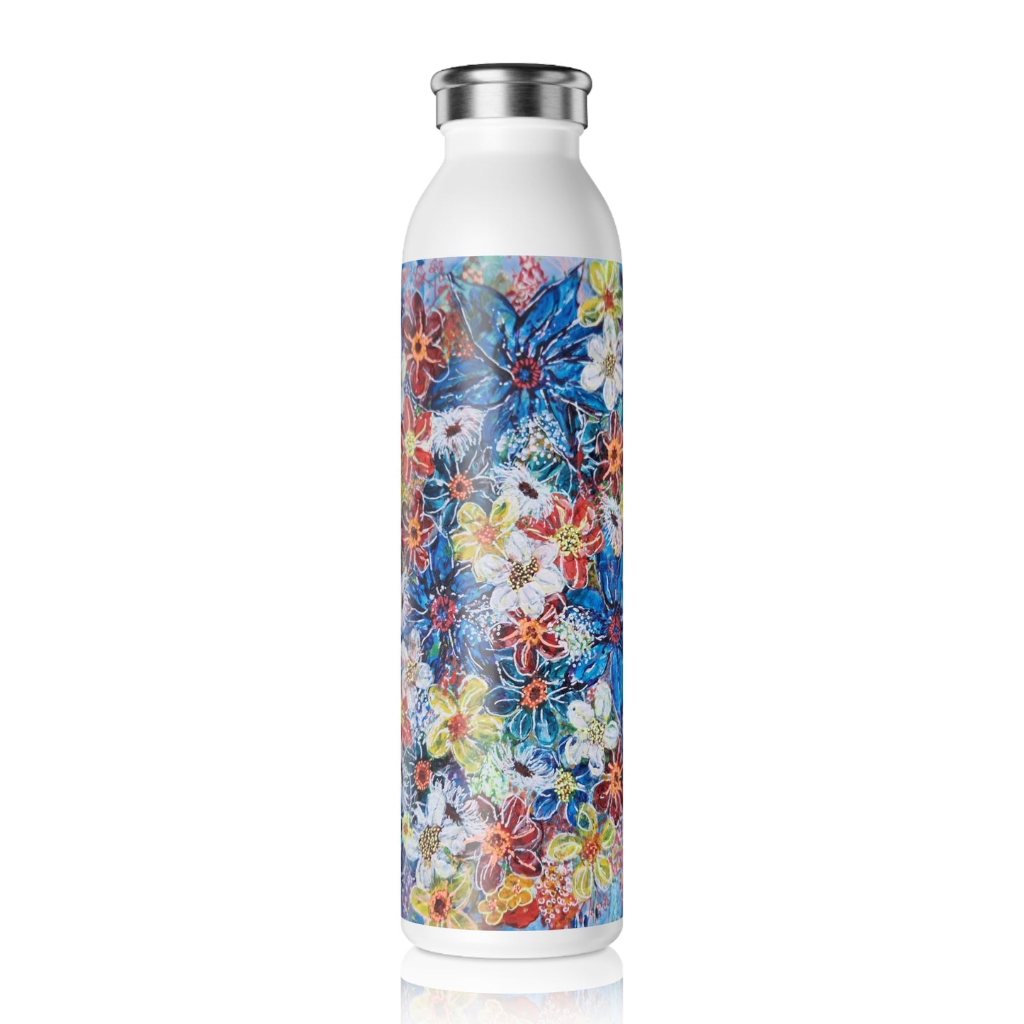 Slim Water Bottle - No. 242 Large Blue Flowers - By Irish Artist Fiona de Lacy