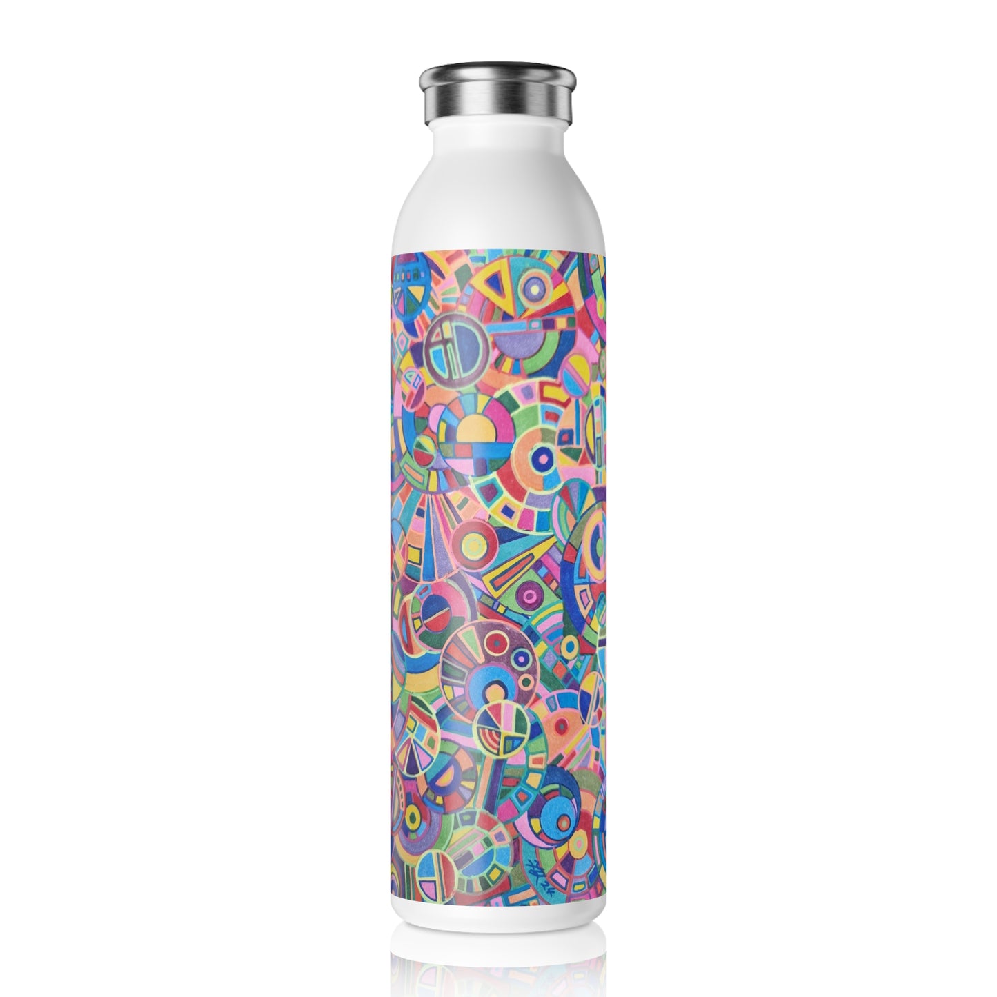 Slim Water Bottle - No. 265 - Multicoloured Circles - By Irish Artist Fiona de Lacy