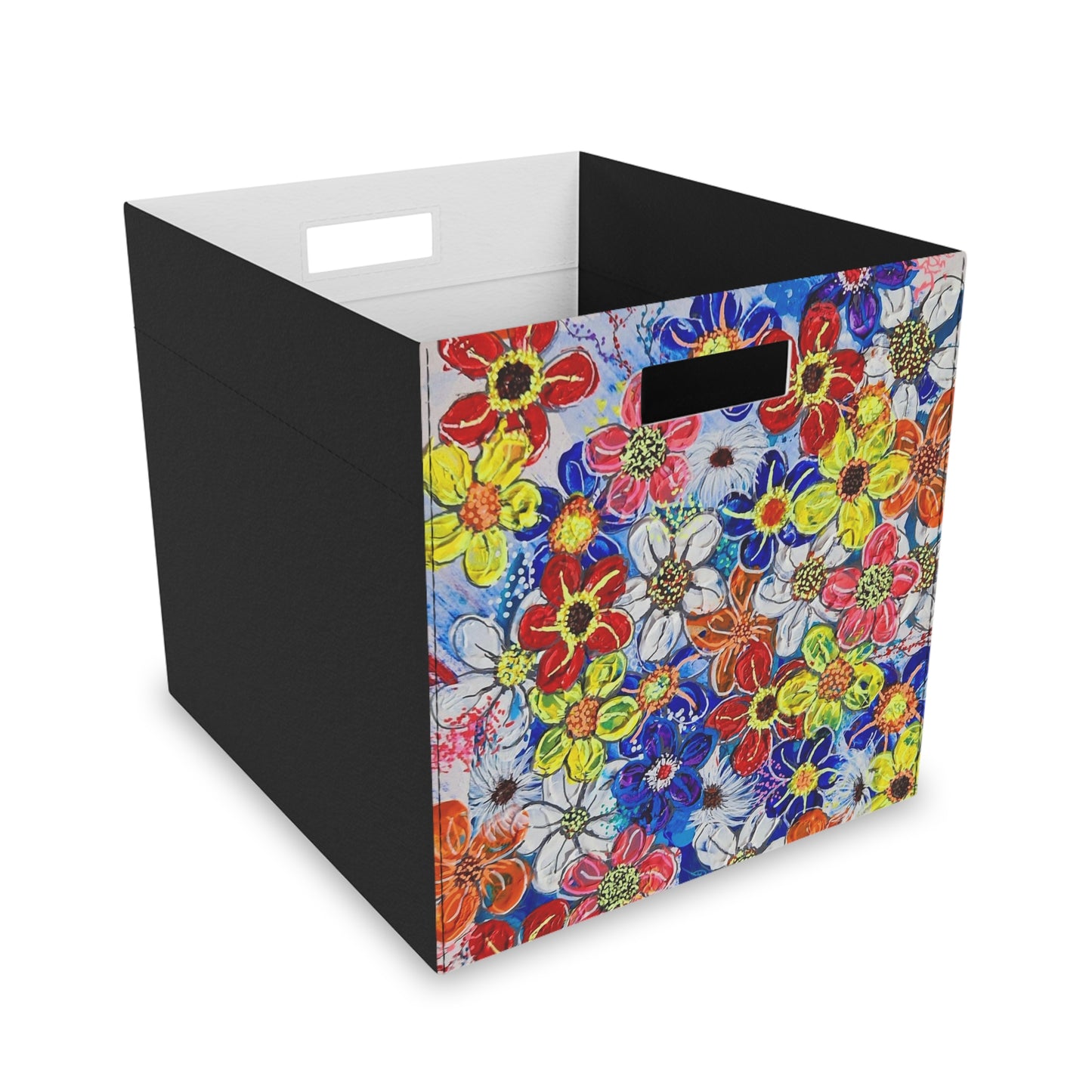 Felt Storage Box - No. 240 - Multicoloured Flowers on Purple - By Irish Artist Fiona de Lacy - Yellow, Red, Orange, Purple, Blue, White