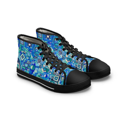 Women's High Top Sneakers - No. 262 - Blue Geometric - By Irish Artist Fiona de Lacy