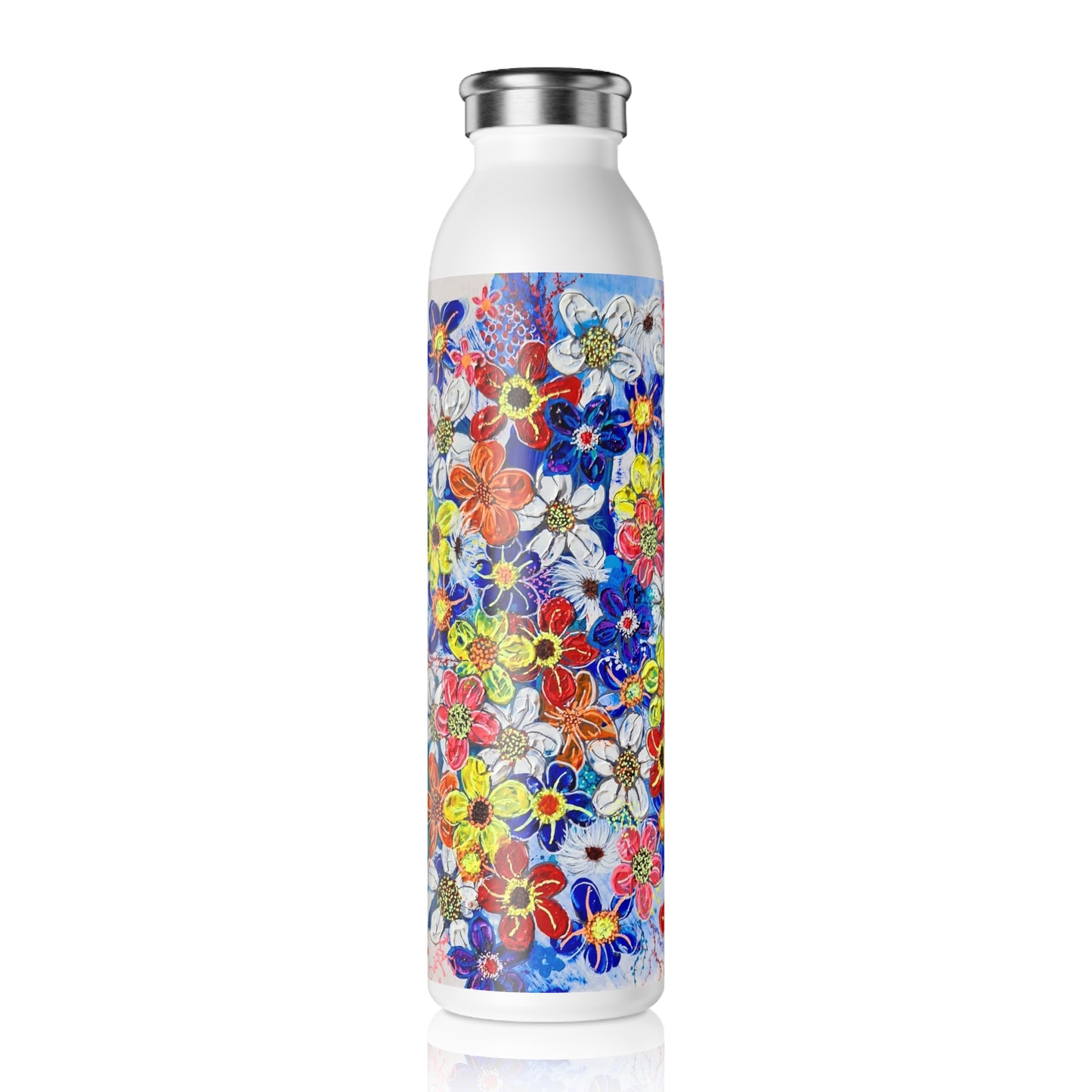 Slim Water Bottle - No. 240 - Multicoloured flowers on Purple - By Irish Artist Fiona de Lacy