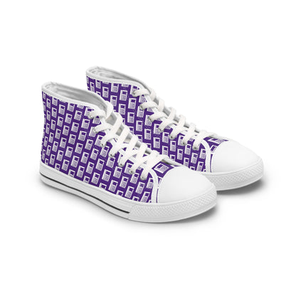 Women's High Top Sneakers - No. 000PE - White Logo On Purple - By Irish Artist Fiona de Lacy