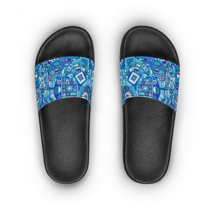 Women's Slide Sandals - No. 262 - Blue, Navy & White Geometric Abstract - By Irish Artist Fiona de Lacy