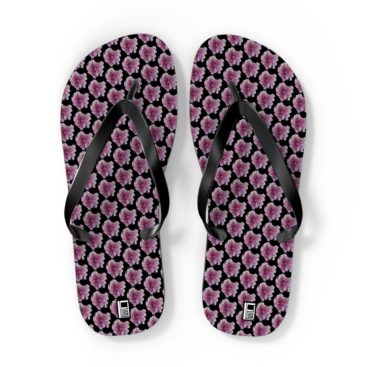 Flip Flops - No. 269 - Purple Pink Flower on Black - By Irish Artist Fiona de Lacy