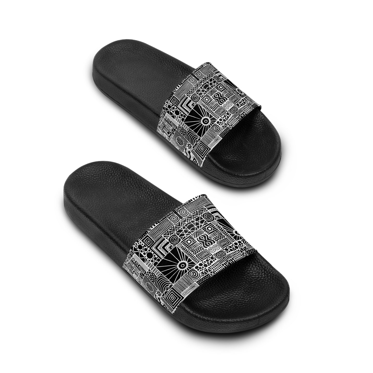 Women's Slide Sandals - No. 252 - White on Black Abstract - By Irish Artist Fiona de Lacy