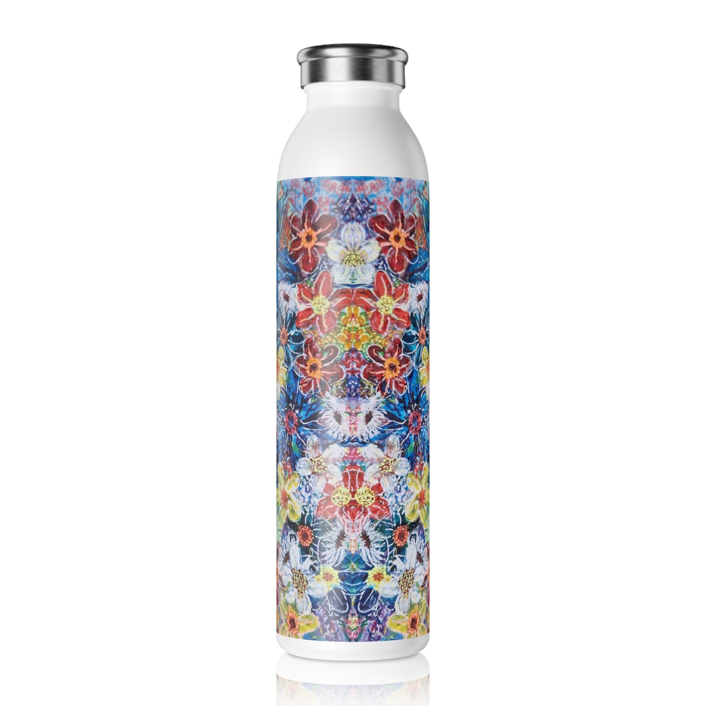 Slim Water Bottle - No. 242 Large Blue Flowers - By Irish Artist Fiona de Lacy