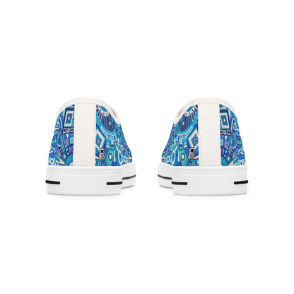 Women's Low Top Sneakers,  Black Soles - No. 262 - Geometric Blue & White - By Irish Artist Fiona de Lacy