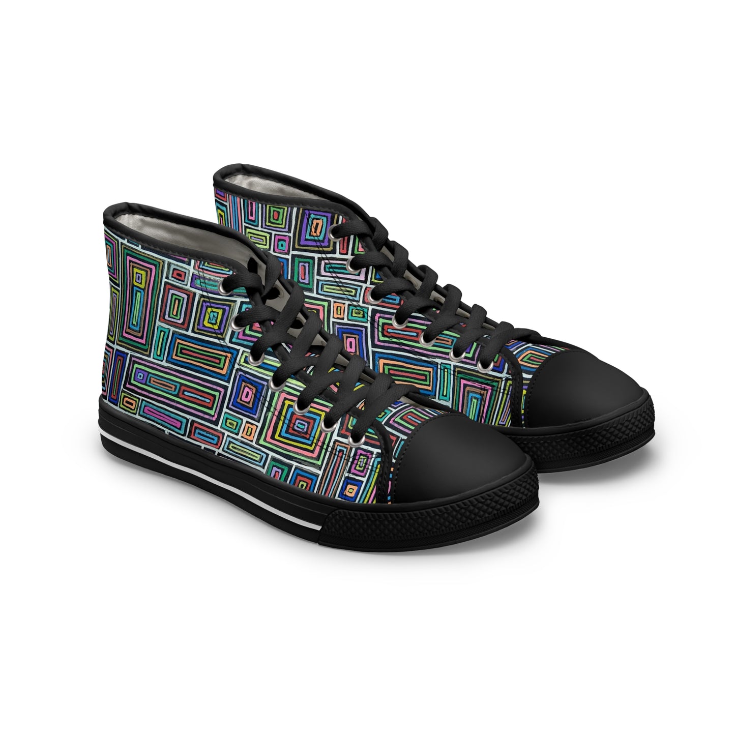 Women's High Top Sneakers - No. 253 - Multicoloured Rectangles on Black - By Irish Artist Fiona de Lacy