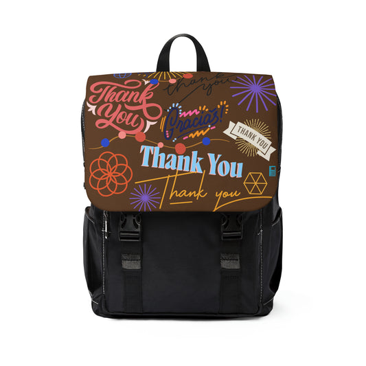 Casual Shoulder Backpack,  No. 312 - 'Thank You' on Brown - By Irish Artist Fiona de Lacy