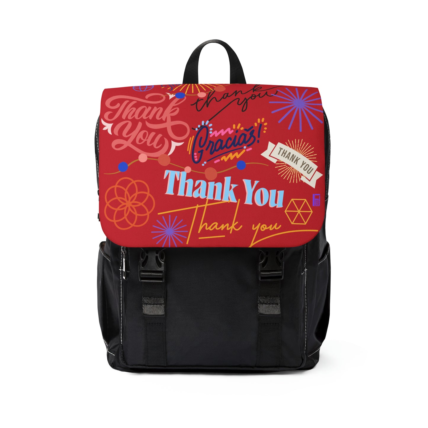 Casual Shoulder Backpack,  No. 312 - 'Thank You' on Red - By Irish Artist Fiona de Lacy