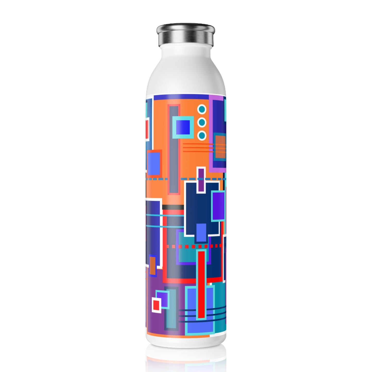 Slim Water Bottle - No. 233 - Multicoloured Squared - By Irish Artist Fiona de Lacy