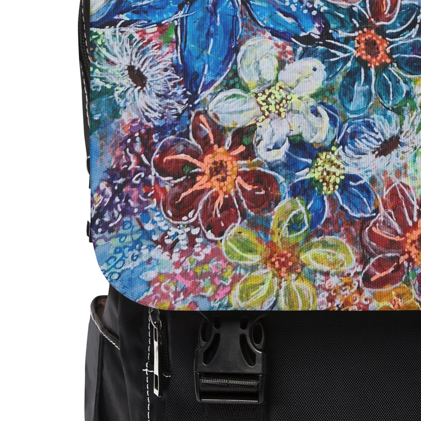 Casual Shoulder Backpack,  No. 242 Large Blue Flowers -  By Irish Artist Fiona de Lacy