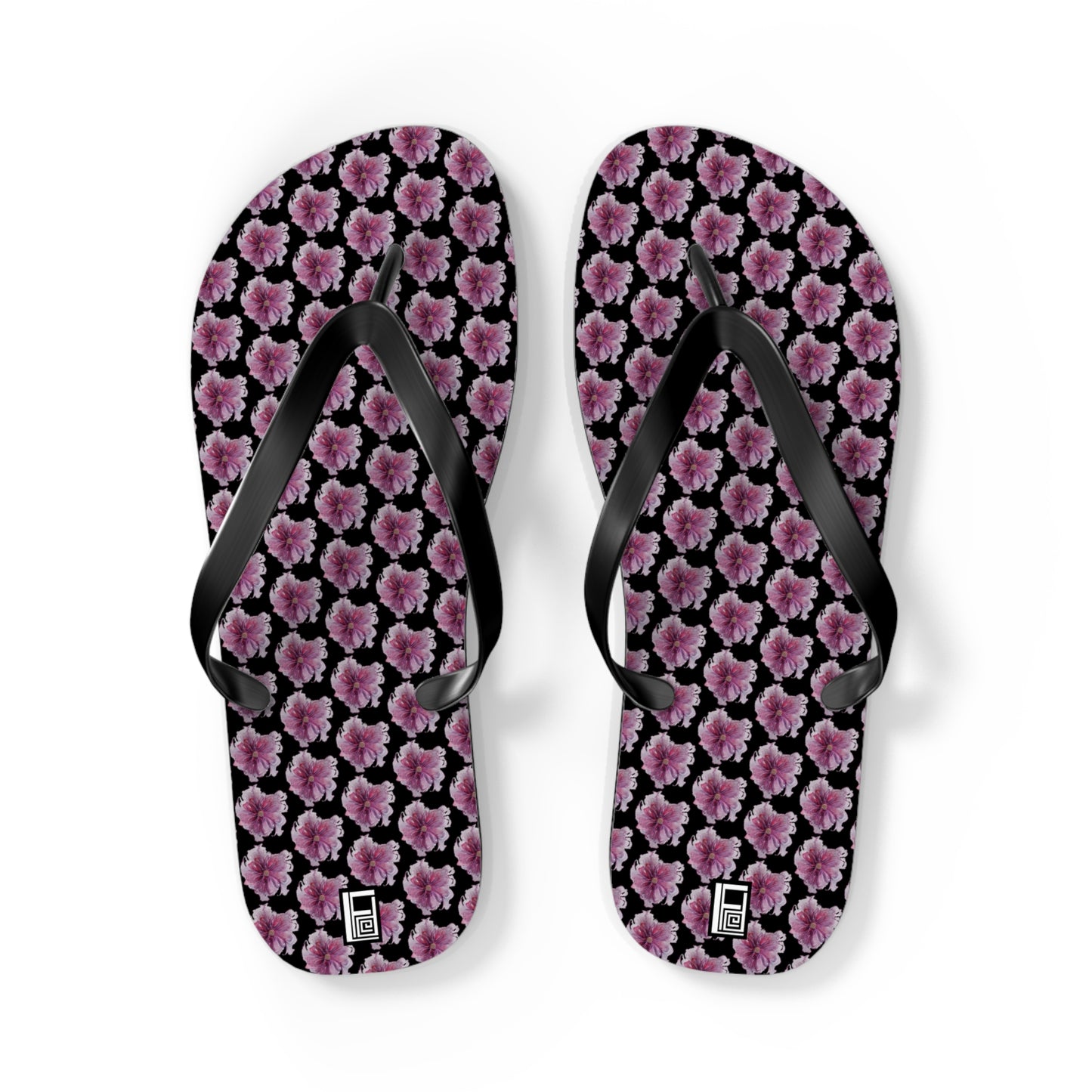 Flip Flops - No. 269 - Purple Pink Flower on Black - By Irish Artist Fiona de Lacy