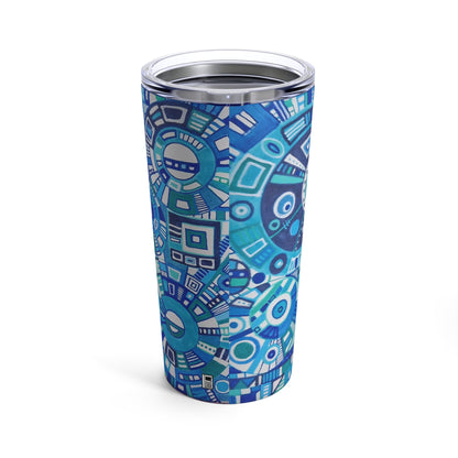 Tumbler 20oz - No.  262 - Geometric Blue & White abstract - By Irish Artist Fiona de Lacy