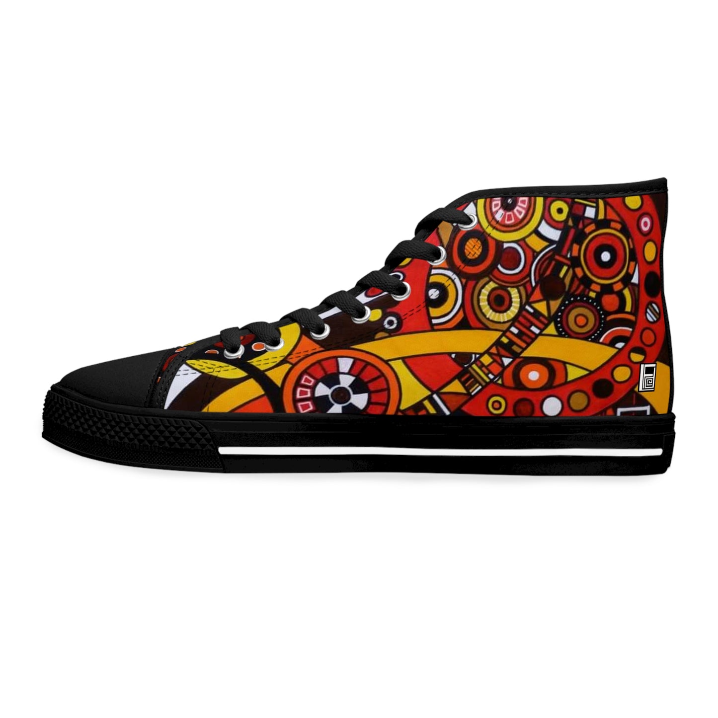 Women's High Top Sneakers - No. 222 - 'Clockworks' - By Irish Artist Fiona de Lacy - Orange, Red, Black,Yellow