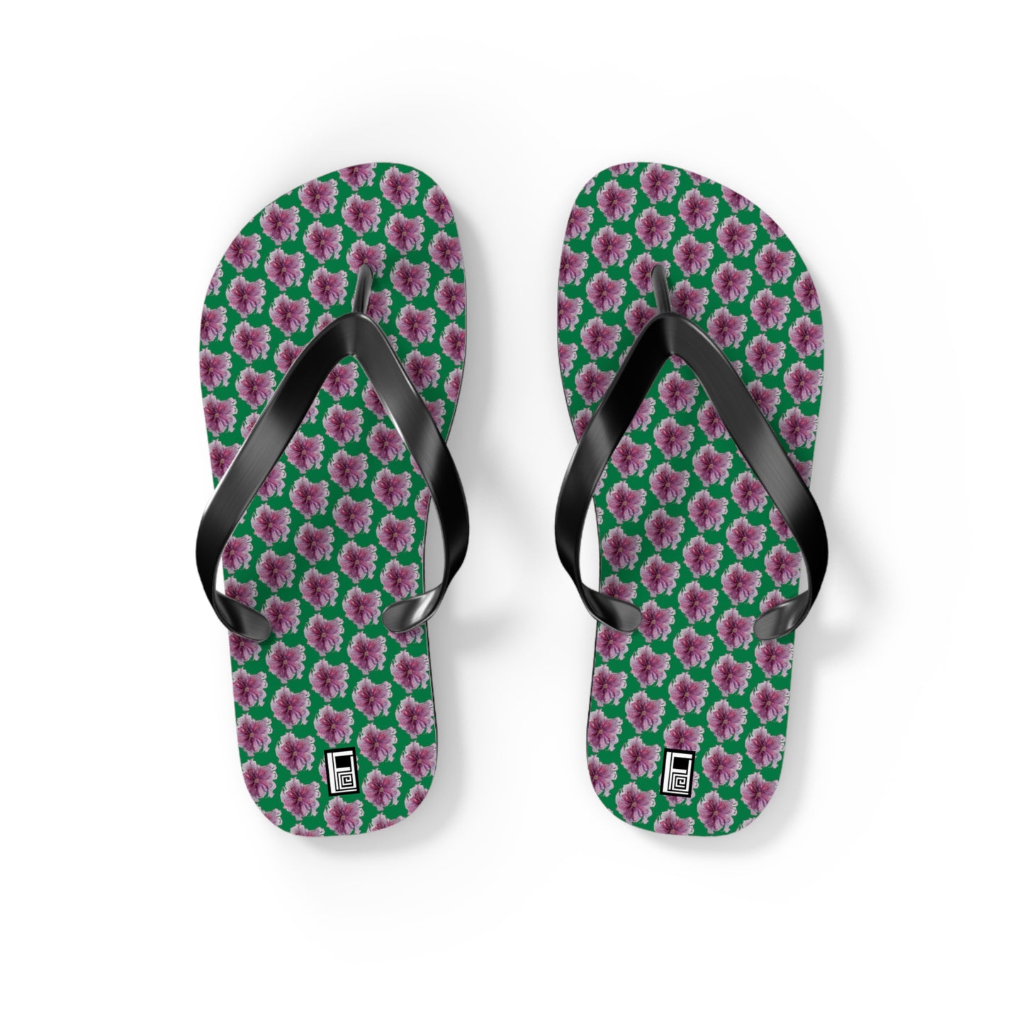 Flip Flops - No. 269 - Purple Pink Flower on Green - By Irish Artist Fiona de Lacy