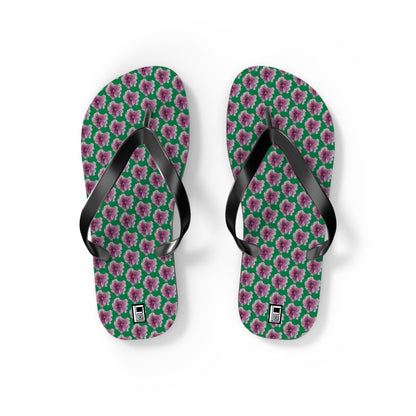 Flip Flops - No. 269 - Purple Pink Flower on Green - By Irish Artist Fiona de Lacy