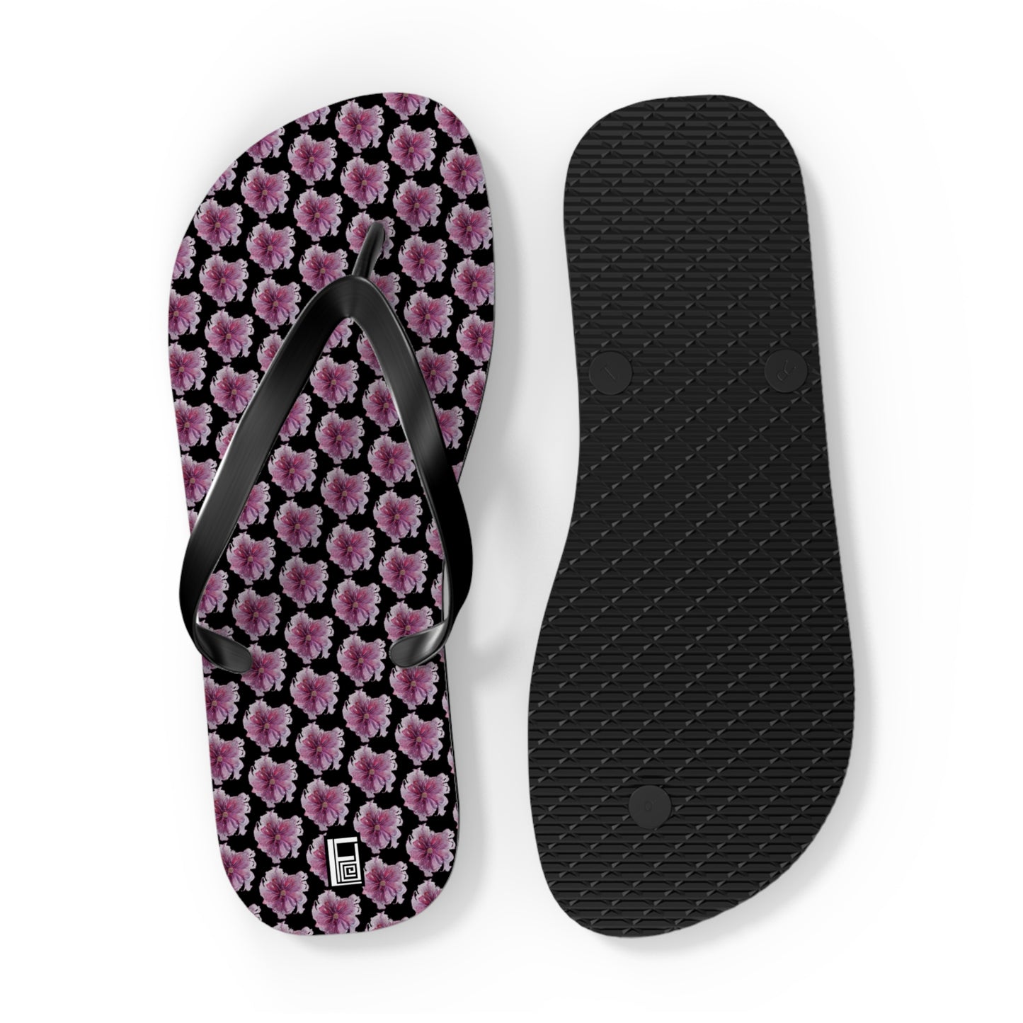 Flip Flops - No. 269 - Purple Pink Flower on Black - By Irish Artist Fiona de Lacy