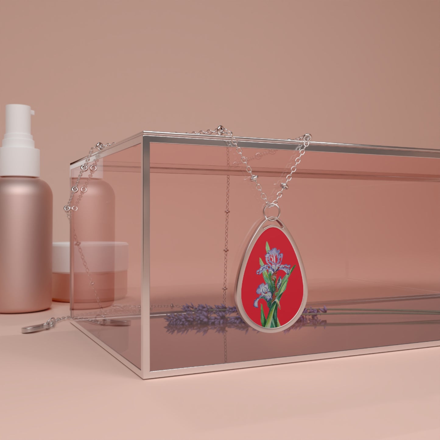Oval Necklace - No. 272 - Purple Orchid on Red - By Irish Artists Fiona de Lacy