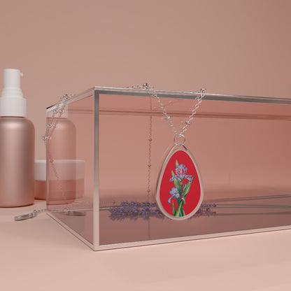 Oval Necklace - No. 272 - Purple Orchid on Red - By Irish Artists Fiona de Lacy