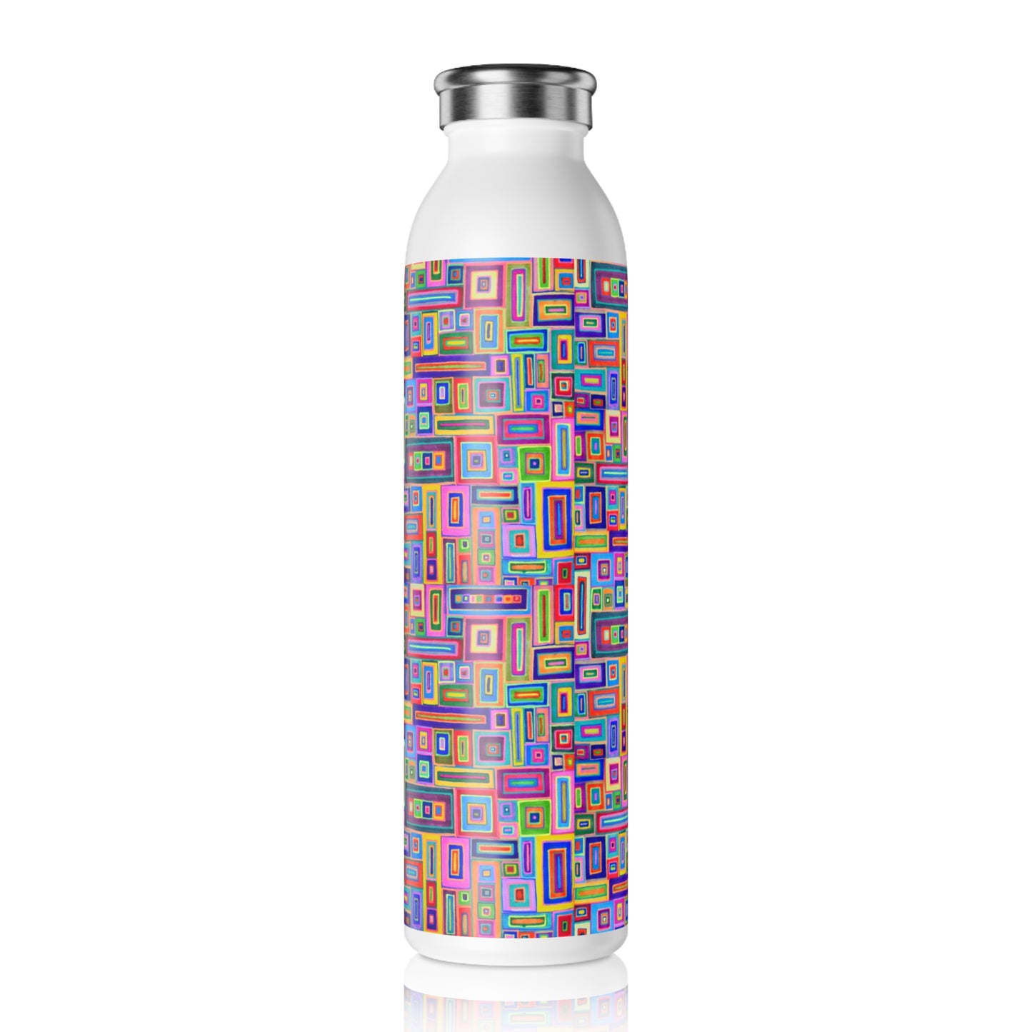 Slim Water Bottle - No. 264 - Multicoloured rectangles  - By Irish Artist Fiona de Lacy