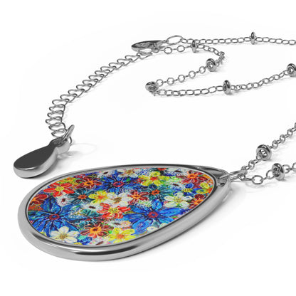 Oval Necklace - No. 242 - Large Blue Flowers - By Irish Artists Fiona de Lacy