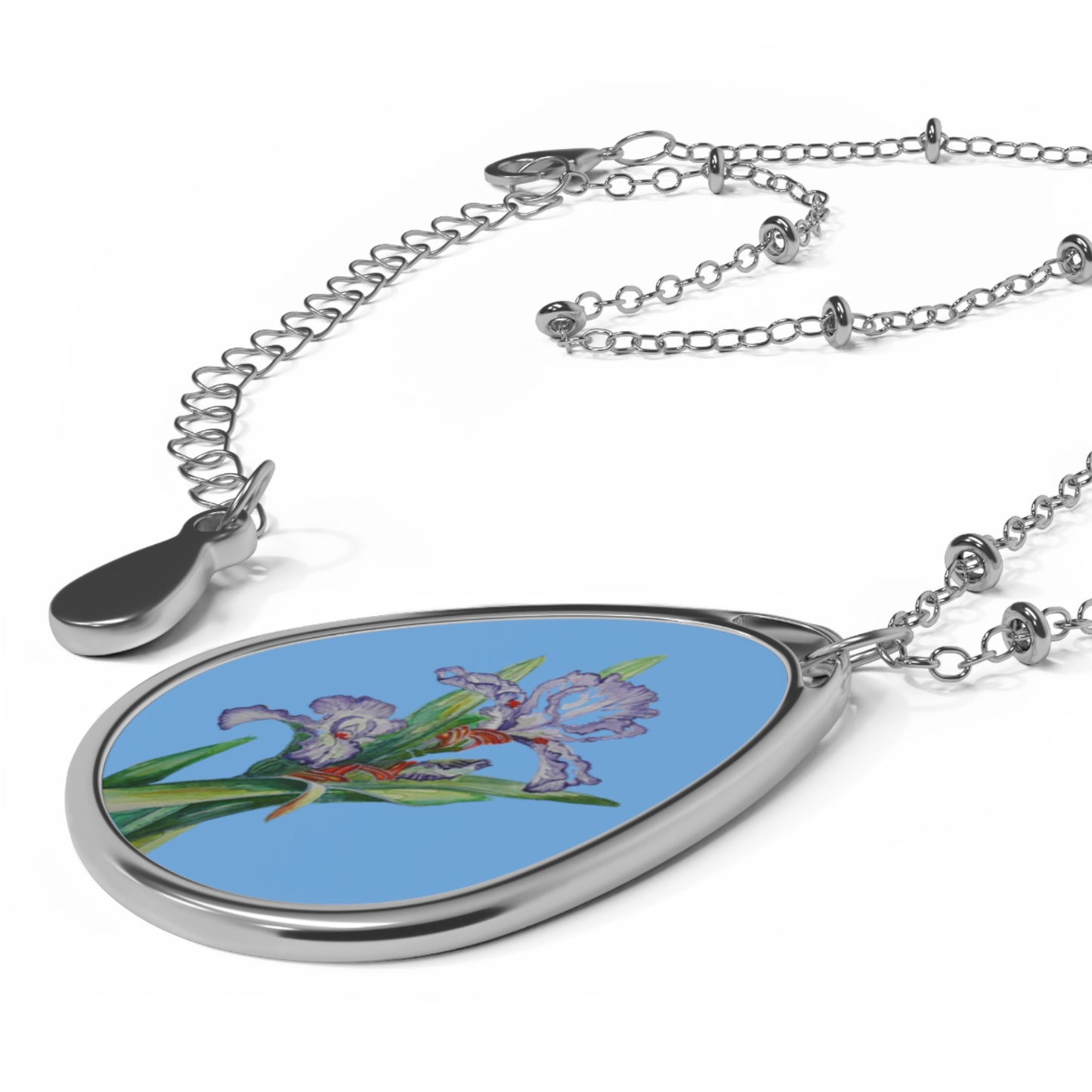Oval Necklace - No. 272 - Purple Orchid on Blue - By Irish Artists Fiona de Lacy