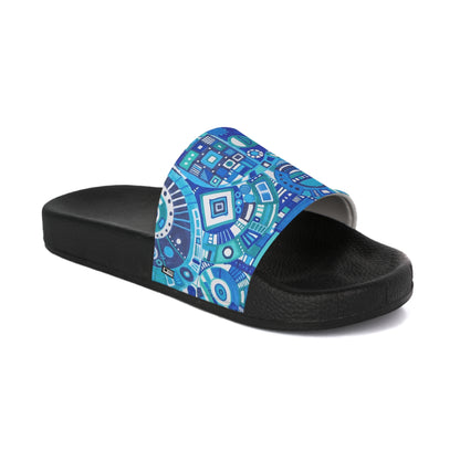 Women's Slide Sandals - No. 262 - Blue, Navy & White Geometric Abstract - By Irish Artist Fiona de Lacy